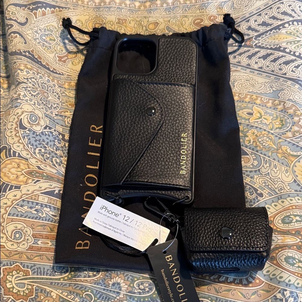 Bandolier Black Leather iPhone Case with Gold Accents